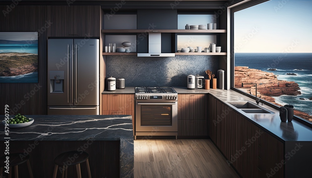 A sleek and modern kitchen with stainless steel appliances, set up on the edge of a rocky cliff overlooking the ocean. HD, realistic, natural lighting type generative ai A sleek and modern kitchen with stainless steel appliances, set up on the edge of a rocky cliff overlooking the ocean. HD, realistic, natural lighting type generative ai