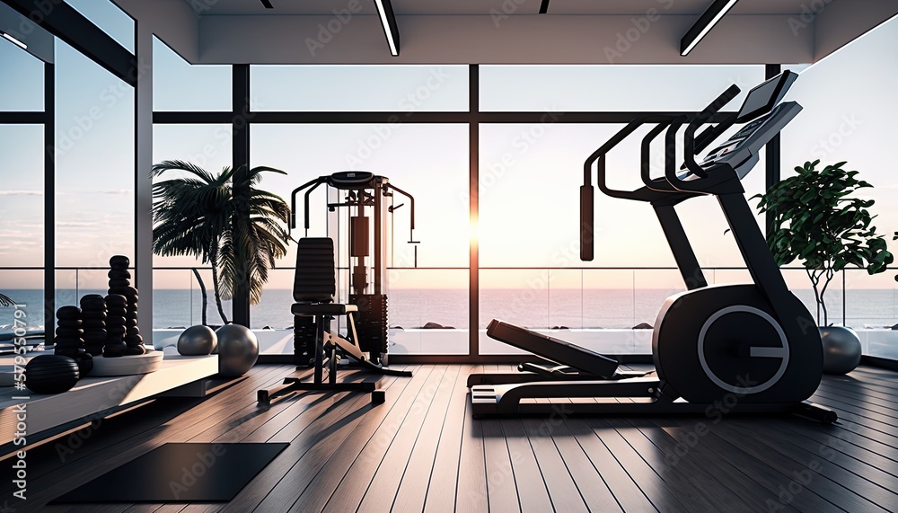 Fototapeta premium A sleek home gym setup with modern equipment on a rooftop with a view of the ocean in the background. HD, realistic, bright lighting generative ai