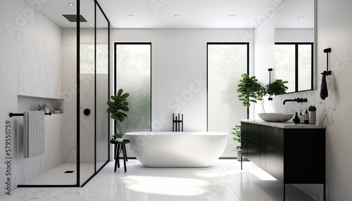 A sleek and modern bathroom with a minimalist white vanity and sleek black fixtures  featuring a large shower and luxurious freestanding tub generative ai 