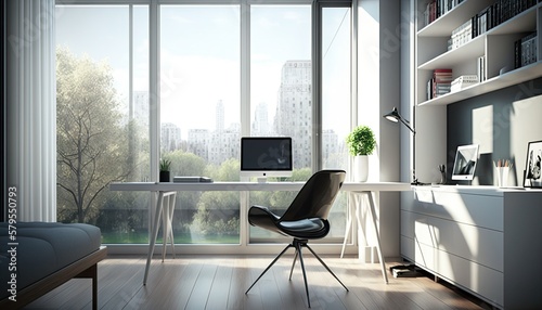 A sleek home office with a glass desk and modern chair  situated in the middle of a bustling city park. HD  realistic  natural lighting type generative ai