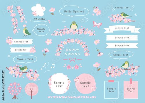 桜の枝にとまるメジロと春のフレームデザイン 