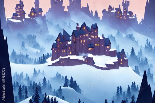 illustration landscape view of castle on top of the mountain , generative art by A.I