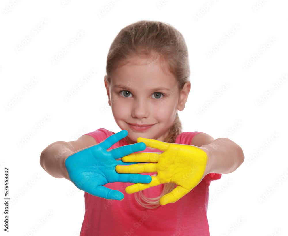 Little girl with hands painted in Ukrainian flag colors against white background, focus on palms. Love Ukraine concept Little girl with hands painted in Ukrainian flag colors against white background, focus on palms. Love Ukraine concept