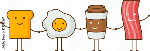 Best friends. Breakfast. Good morning. set of Cute picture cartoon icon of a coffee, eggs,ham and toast. Vector illustration. photo