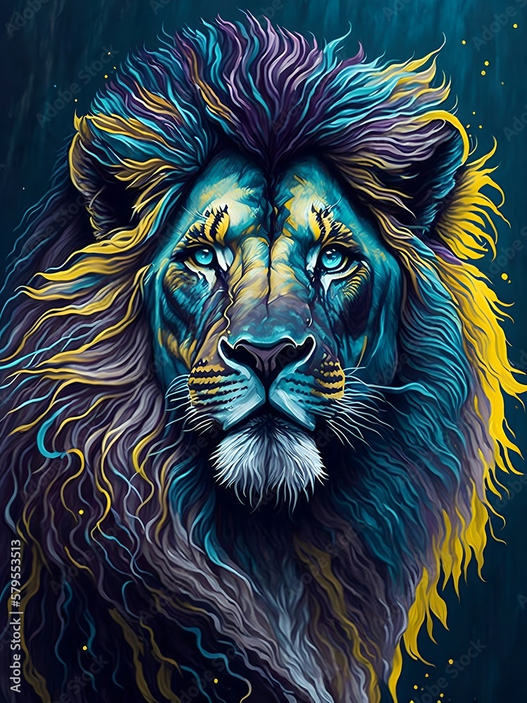 Elegant portrait pose of a lion in blue, purple and gold colors; painting style. Generative AI Elegant portrait pose of a lion in blue, purple and gold colors; painting style. Generative AI