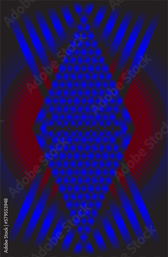 Abstract background image of many glowing triangles on red circle background.