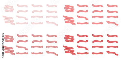 Zestaw ręcznie rysowanych wstążek w czterech odcieniach koloru czerwonego. Etykieta, baner, tag w prostym stylu.