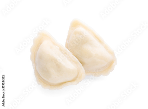 Delicious dumplings (varenyky) with tasty filling on white background, top view