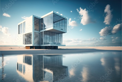 Modern House Concept beside lake and Desert. Generative AI