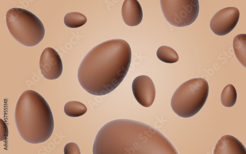 Many chocolate eggs falling on dark beige background
