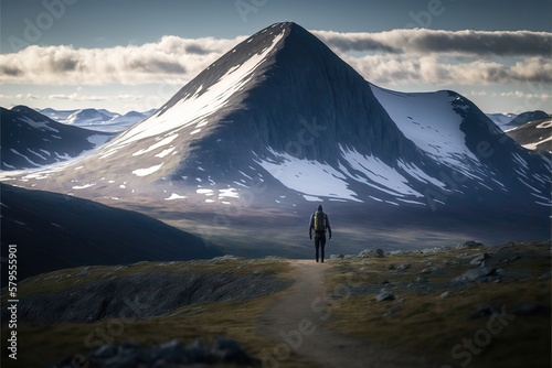 A person in Walking in the landscape with snow and clouds over the mountain Road. Generative Ai © CREATIVE STOCK
