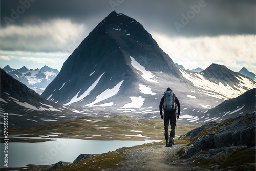 A person in Walking in the landscape with snow and clouds over the mountain Road. Generative Ai