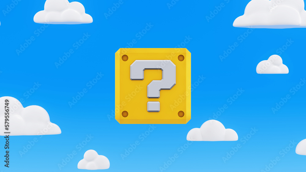 retro game block with question mark, on blue sky with cloud - obrazy, fototapety, plakaty 