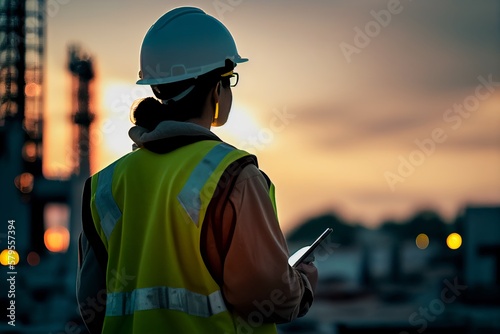 woman engineer using digital tablet working late night shift at petroleum oil refinery,generative AI