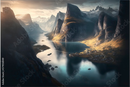 Sunrise in the mountains And Lake. Generative Ai © CREATIVE STOCK