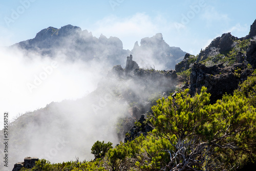 Madeira nature with cloudy fog and green tropical plants on the hill slopes. © 9parusnikov
