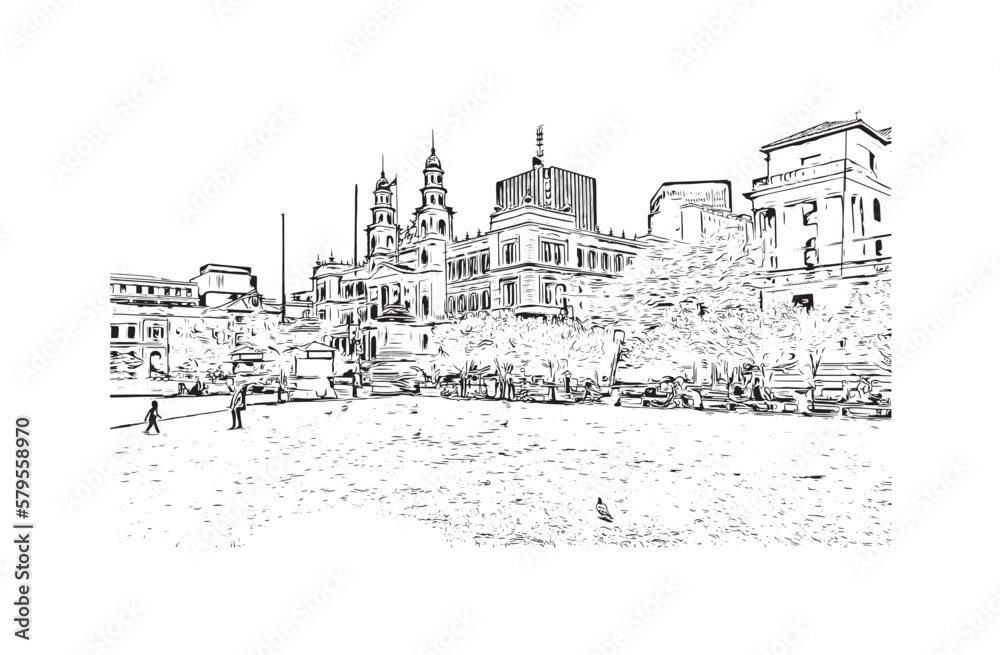Building view with landmark of Pretoria is the 
capital of South Africa. Hand drawn sketch illustration in vector.