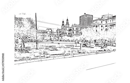 Building view with landmark of Pretoria is the  capital of South Africa. Hand drawn sketch illustration in vector.