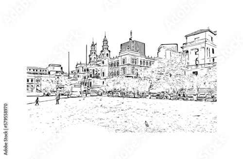 Building view with landmark of Pretoria is the capital of South Africa. Hand drawn sketch illustration in vector.