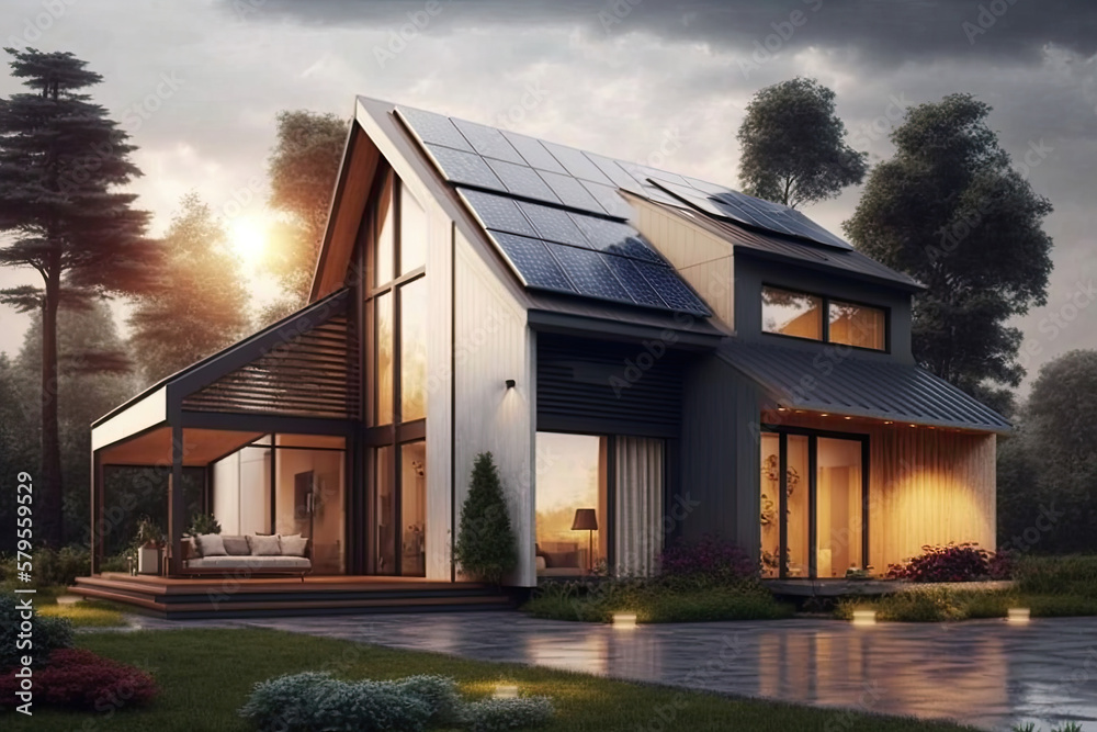 modern house with solar panels on the roof, generative AI
