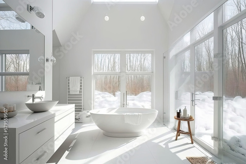 Modern all-white bathroom with sleek design  freestanding tub and rain  shower head  generative AI