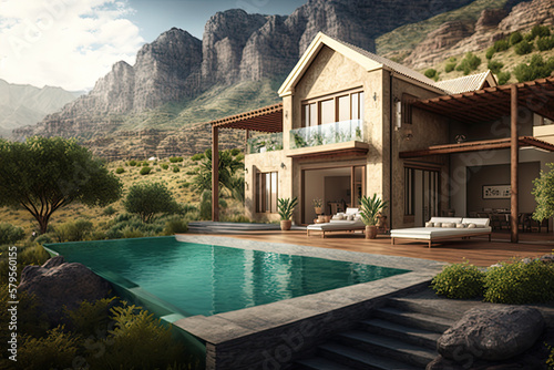 Residential villa with spectacular swimming pool with mountain view, generative AI © Kien
