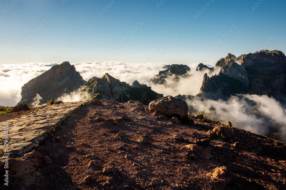 Beautiful nature of Madeira island. Mountain peaks with clouds.
