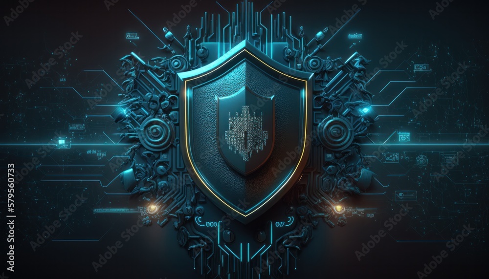 Fototapeta premium Computer cybersecurity shield lock technology background concept generative ai