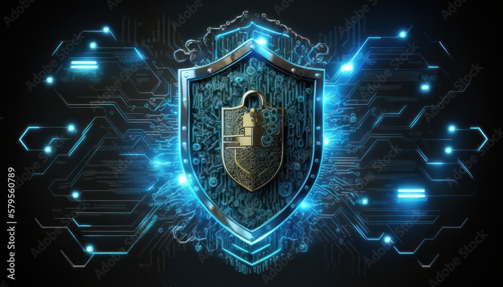 Fototapeta premium Computer cybersecurity shield lock technology background concept generative ai