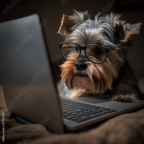 dog on laptop with glasses - AI Generated