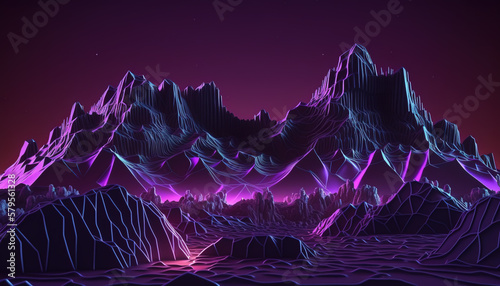 virtual reality purple cyber space landscape with mountains. Neon wireframe terrain