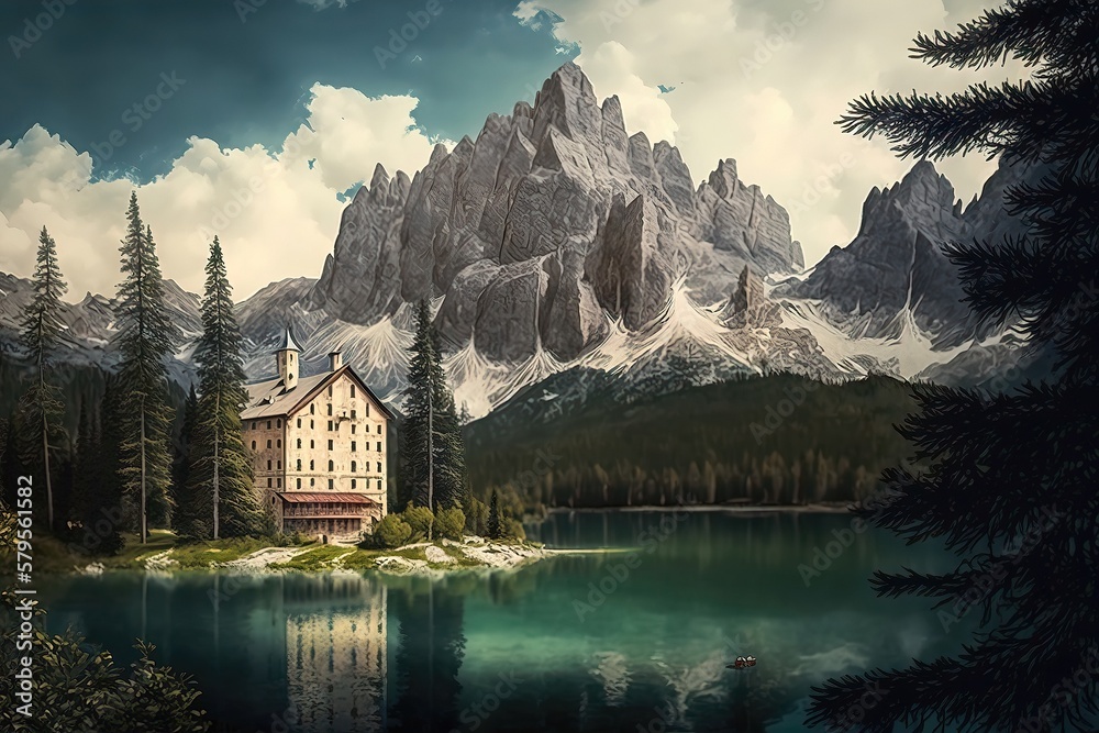 Fototapeta premium Palace besides the mountain, Generative AI