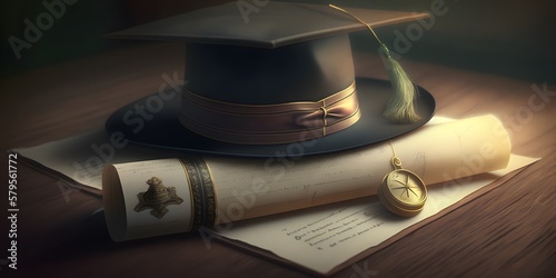 Graduation cap and diploma on library table, Generative AI