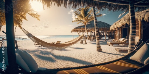 luxury beach with hammock and palm trees, blue sea and white sand, generative ai