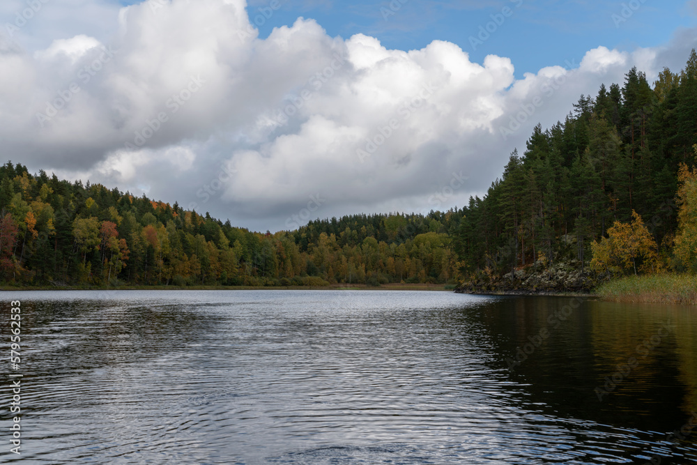 Lake Ladoga near the village Lumivaara on a sunny autumn day, Ladoga skerries, Republic of Karelia, Russia