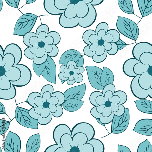 This seamless pattern features delicate blue flowers arranged in a repetitive pattern on a crisp white background  evoking a sense of calm and serenity.