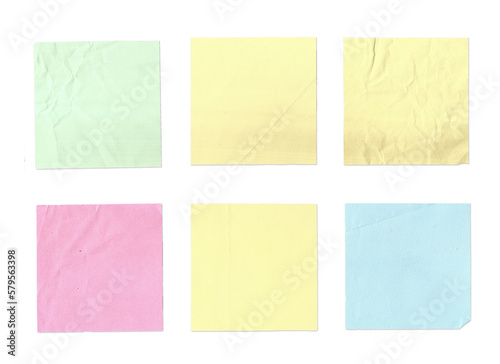 Real post it notes isolated on transparent background. Colored sticky note set. grunge and torn clipart of notes. Sticky note collection with curled corners and shadows. 