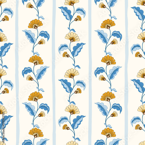 Indian Trailing Flowers and Stripes Vector Seamless Pattern. Cottagecore Chintz Floral on White Background. Delicate Summer Boho Print
