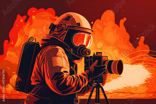 Flat vector illustration Filming a firefighter in a helmet and protective suit in the heat of hell. 