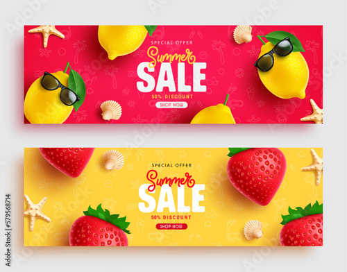 Summer sale vector banner set. Summer sale text with 50% holiday discount special offer lay out collection. Vector illustration summer sale promotion.