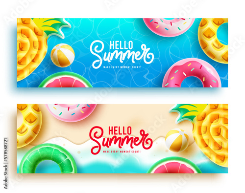 Hello summer vector poster set design. Hello summer greeting text with beach element in seashore and sea background. Vector illustration summer banner.