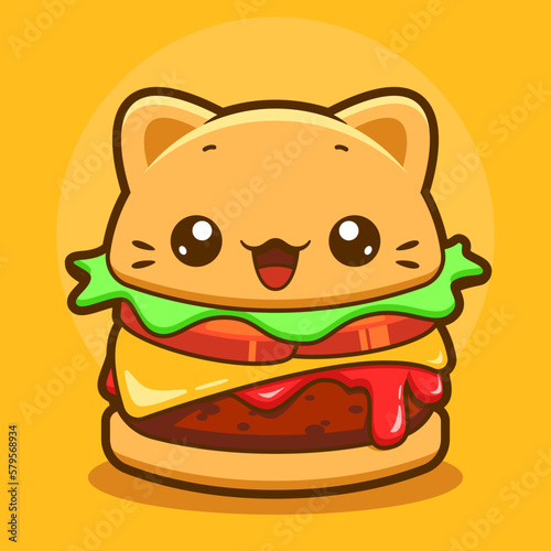 Hamburguesa gato kawaii, hamburguesa en forma de gato,  gatito en forma de hamburguesa, hamburguesa kawaii, ilustracion infantil, caricatura, vector, sin fondo, ilustracion bonita