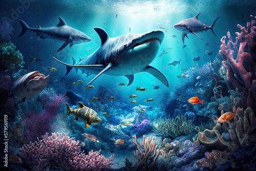 Beauty of the sharks underwater ocean with aquatic animals and coral, generative Ai © Kien