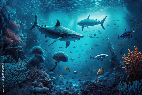 Fotografie, Obraz Beauty of the sharks underwater ocean with aquatic animals and coral, generative