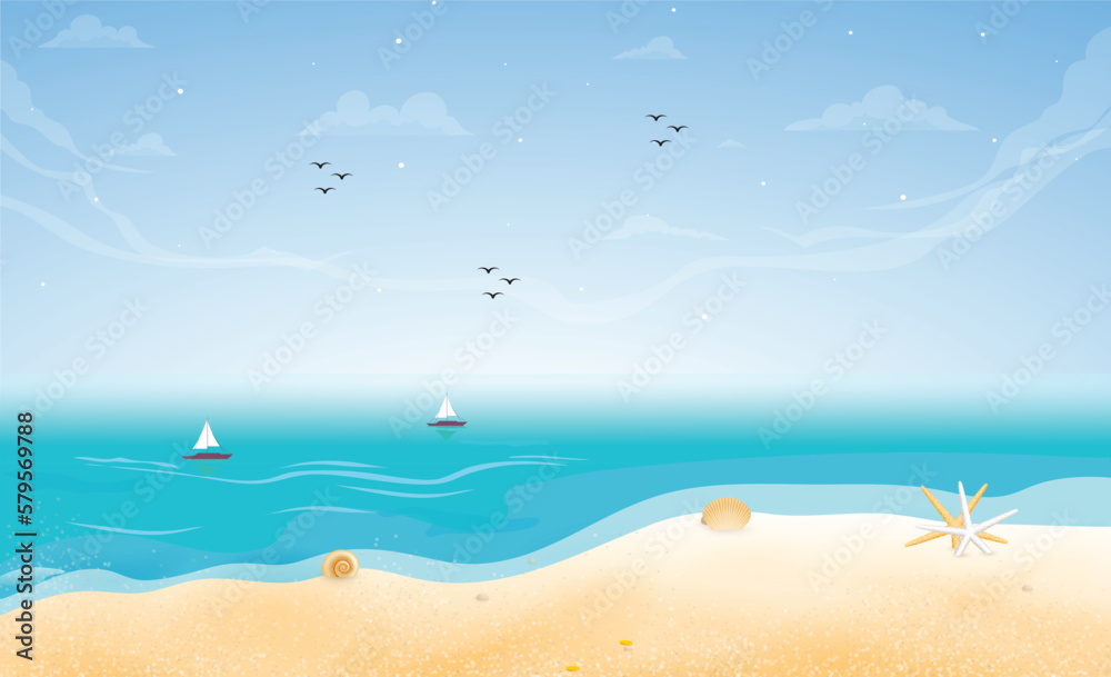 summer beach landscape background illustration, Beautiful cartoon Background, illustration of beach scene. Summer vacation and travel concept background. blue clear sky background,