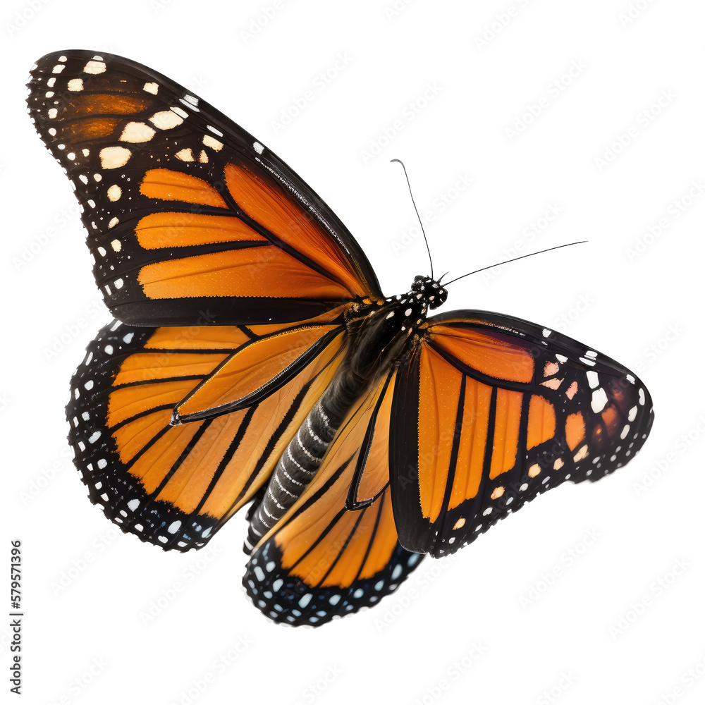 Fototapeta premium isolated orange monarch butterfly in flight, macro, png, transparent background, spring, summer, vertical, horizontal, close up, top view, side view, Generative AI