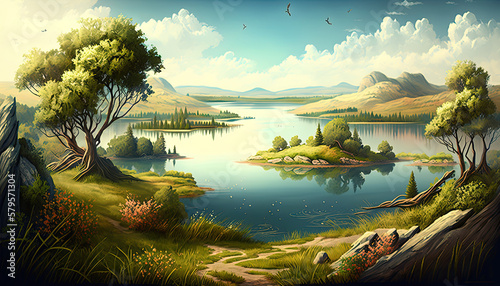 Beautiful lake with islands nature scene generative ai illustration 