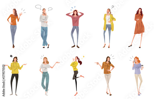 ベクターイラスト素材：喜怒哀楽を表現する女性たち、人物セット
