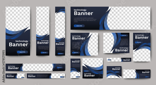Set of web banners of different sizes with diagonal red elements and a place for photos. vector