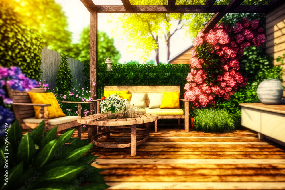 Terrasse en bois avec table et chaise dans le jardin fleuri en été - Générative IA